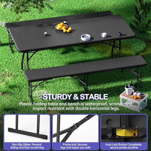 VSOAEIL 6 Foot Folding Bench, Portable Plastic Folding Bench Seat, Foldable Seat for Indoor Outdoor Picnic Camping Dining, Soccer Garden Multipurpose Entertaining Activities, Black Rattan, 2 Pack - color: Black Rattan, size: 2 Pack