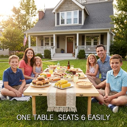 Amdermi Folding Picnic Table with Table Runner, Portable Boho Low Picnic Table for Indoor Outdoor, 60" x 30" Wooden Table for Camping, Wedding, Beach, Garden, Party(Large Size for 6-8)