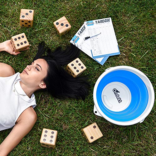 Giant Wooden Yard Dice – Splinter-Free and Crack-Proof Wood – Jumbo Size with Collapsible Bucket - 2 Dry Erase Score Cards - Indoor/Outdoor - Play Many Games – Fun and Engaging Game Time – Ideal Gift