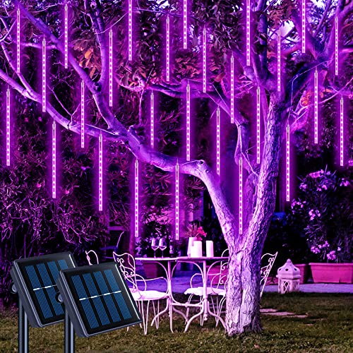 JMEXSUSS 2 Pack Purple Solar Halloween Lights, 16 Tube 288 LED Solar Meteor Shower Rain Lights, Christmas Light Outdoor Waterproof for Tree Halloween Christmas Decorations - color: Purple, size: 2*144LED