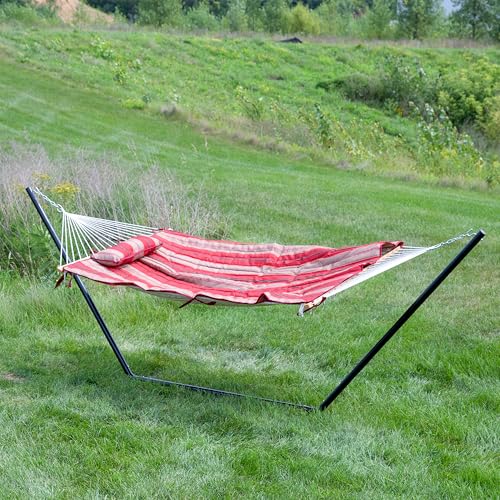 Sunnydaze Rope Hammock with Stand for Outside - Heavy Duty Freestanding Portable Outdoor Hammock Set with Quilted Pad, Pillow, and 12-Foot Steel Frame - 275 lb Capacity - Awning Stripe - color: Awning Stripe