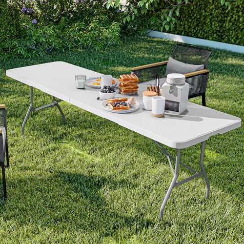 YITAHOME 8FT Folding Tables, Heavy Duty Folding Table with Carrying Handle, Plastic Fold up Table for Outdoor Camping Picnic Parties/Indoor Events, White - color: White