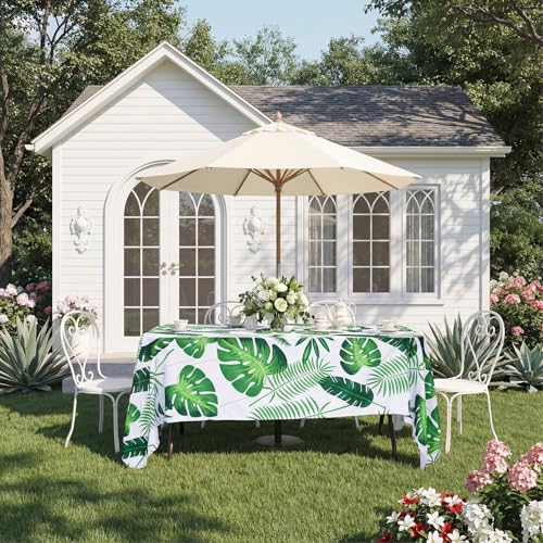 SquarePie Outdoor Tablecloth with Umbrella Hole and Zipper Rectangle Polyester Waterproof Spillproof Table Cloth for Spring Summer Picnic Patio Garden Poolside Camping BBQ, 60x84 inch Palm Leaf - color: Palm Leaf, size: 84" x 60" (Rectangular)