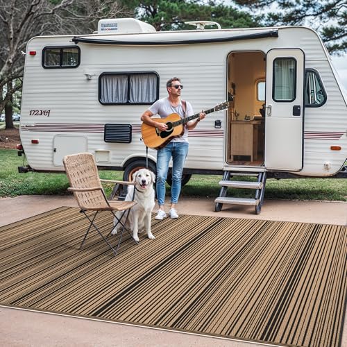 GENIMO Outdoor Rug 9x12 ft Waterproof, Reversible Plastic Straw Patio Rug for RV Camping Mat, Deck, Backyard Balcony Mat - Lightweight & Easy to Clean, BlackBrown - color: Blackbrown, size: 9' x 12' (Rectangular)