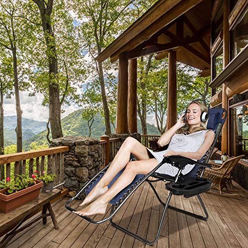 VINGLI Upgraded Zero Gravity Chair Set of 2 Lounge Outdoor Chairs with Trays and Pillows, Folding Patio Recliner Chairs for Backyard Poolside Garden - color: Blue