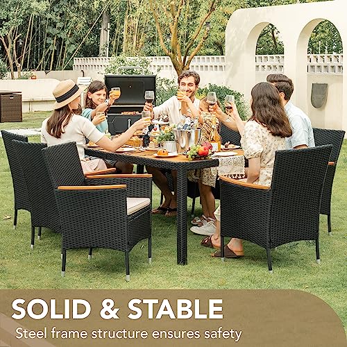 Devoko Outdoor Patio Dining Sets 9 Pieces Wicker Outdoor Dining Table and Chairs Set with Acacia Wood Table Top and Widened Armrests for Backyard, Garden, Deck (Black) - color: Black, style: 9 Piece Dining Set