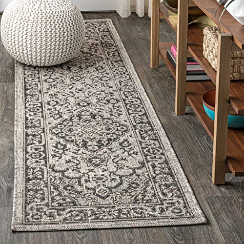 JONATHAN Y Boho Medallion Indoor Outdoor Runner Rug 2X10 Gray/Black, Rozetta Textured Weave for Backyard, Patio, Porch, Easy-Cleaning, High Traffic, Pet-Friendly, Non-Shedding (SMB102D-210) - color: Gray/Black, size: 2'2" x 10' (Runner)
