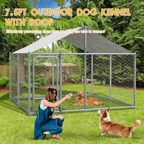7.5 FT Large Outdoor Dog Kennel with Roof, Dog Enclosure w/Rotating Feeder, Heavy Duty Dog Run Playpen with 2 Stainless Bowls, Galvanized Pet House w/Secure Lock, Wateproof Cover - size: 90"×90"×63"-w/rotating feeders