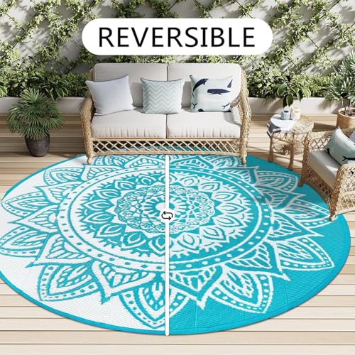 famibay Round Outdoor Rug 8ft Outdoor Plastic Straw Rug Boho Round Patio Rugs Outdoor Waterproof Reversible Camping Rug Potable Lightweight Circle Outdoor Rug for Patios Backyard Camping Porch(Teal) - color: Teal, size: Round 8ft