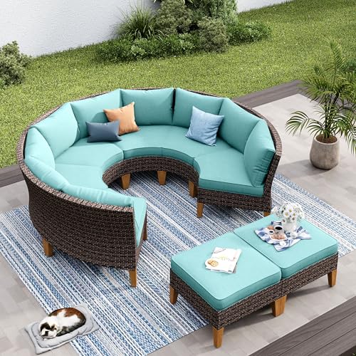 PHI VILLA 4-Piece Curved Patio Furniture Set, Half-Moon Wicker Sectional Furniture Sofa Set for 8 Seats with Cushioned 3 x Curved Sectionals and 2 x Ottoman, Aqua Blue - color: Aqua Blue, size: 8 Seats - Round