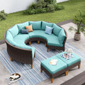 PHI VILLA 4-Piece Curved Patio Furniture Set, Half-Moon Wicker Sectional Furniture Sofa Set for 8 Seats with Cushioned 3 x Curved Sectionals and 2 x Ottoman, Aqua Blue - color: Aqua Blue, size: 8 Seats - Round