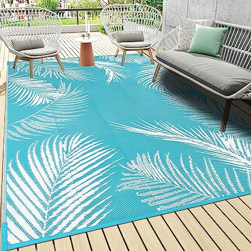 Pauwer Waterproof Outdoor Rug 6x9, Reversible Plastic Straw Patio Camping Rug, Indoor Outdoor RV Mat Carpet for Deck, Camper, Porch, Balcony, Backyard, Picnic, Leaf Teal - color: Leaf Teal, size: 6' x 9' (Rectangular)