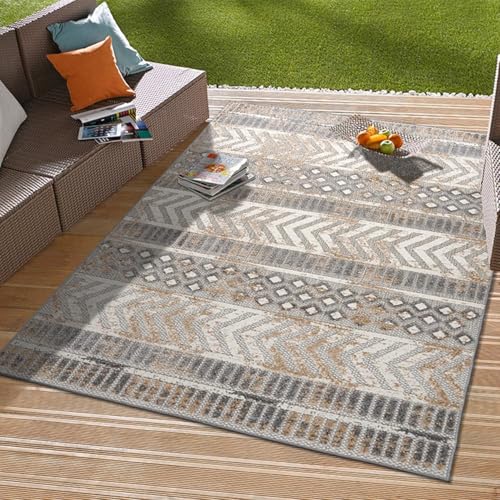 Rugshop Distressed Geometric Indoor/Outdoor Beige Area Rug Modern Tribal Stripe, Durable Stain Resistant Perfect for Patio, Backyard, Deck and Outdoor Lounge 4' x 6' - size: 4' x 6' (Rectangular)