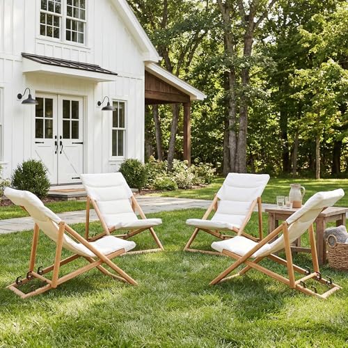 Folding Lounge Chairs Outdoor, Patio Chairs with Cushions, 3-Position Adjustable Patio Lounge Chairs Set of 4, No Assembly Required Eucalyptus Patio Recliners for Pool/Deck/Balcony, Beige - color: Beige, size: 4 PCS