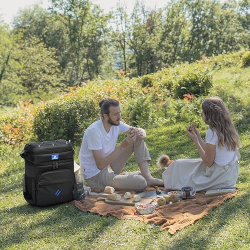 Laripwit Picnic Backpack Cooler Bag - 54 Cans Black Cooler Backpack Insulated Leak-Proof Lunch Backpack with Cooler Compartment Large Double Deck Soft Cooler Bag for Beach,Camping,Travel - color: Black-with Stretchy Strap