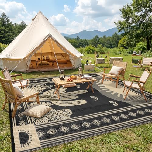 Garvee Reversible Cactus Outdoor Rug 8x10 for Patio, Waterproof Outdoor Area Rug, Modern Desert Botanical Indoor Outdoor Rugs, Plastic Straw Rug for RV, Camping, Deck, Black & Brown - color: Black & Brown-cactus, size: 8' x 10' (Rectangular)