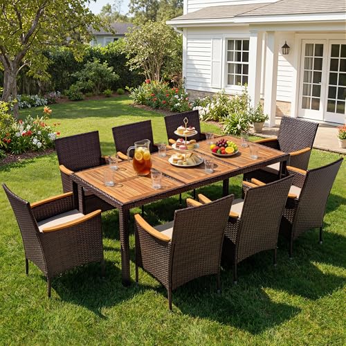 Devoko Outdoor Patio Dining Sets 9 Pieces Wicker Outdoor Dining Table and Chairs Set with Acacia Wood Table Top and Widened Armrests for Backyard, Garden, Deck (Brown) - color: Brown, style: 9 Piece Dining Set