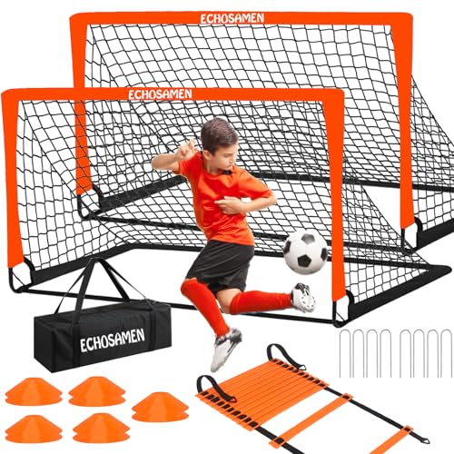 Kids Soccer Goals for Backyard, 2 of 6 x 4 ft Kids Soccer Goal Set Soccer Net with 10 Soccer Cones, Agility Ladder & Carry Bag, Portable Soccer Training Equipment. - color: Orange