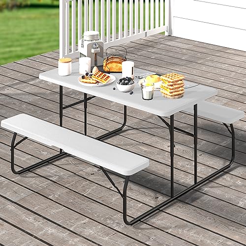 YITAHOME Folding Picnic Table w/Easy Assembly Steel Frame & Wood Like Tabletop, All Weather Folding Picnic Tables with Benches Ideal for Yard Patio Lawn Party, White - color: White