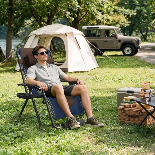 Amopatio Foldable Zero Gravity Chair, Oversized Outdoor Reclining Chair, 500LB Weight Capacity XLPatio Recliner with 0-170° Adjustable Backrest, Heavy Duty Lounge Chair with Cup Holder - color: Blue-brown, style: 29in-1pc
