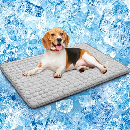 SOMOYA Dog Cooling Mat (Q-Max>0.4) Pet Cooling Pads Blanket Sleeping Kennel Mat,Ice Silk Cool Mat Pad Breathable Dog Bed Mats Beach for Large Dogs Cats (Grey, 27x22 in) - color: Grey, size: 22x27 in