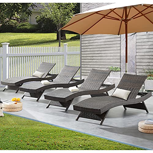 79'' Outdoor Wicker Reclining Lounge Chair Long Reclining Chaise Lounge Set Patio Rattan Double Chaise Lounge Lawn Sunbathing Chairs Beach Pool Backrest Recliners Set of 4 - color: 4 Chairs