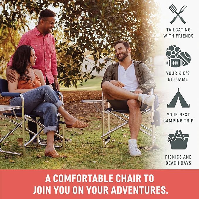 PICNIC TIME Sports Chair with Side Table and Armrest Caddy, Lightweight Aluminum Folding Outdoor Camping Chair for Adults, Portable Director Style Lawn Seating with Pockets & Strap, (Moka Collection) - color: Moka Collection - Brown With Beige & Red Accen