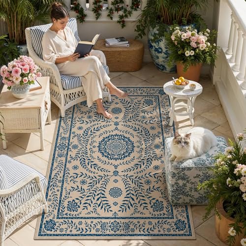 HUGEAR 3x5 Vintage Jute Outdoor Indoor Rug Washable Linen Textured Weave High Traffic Stain Resistant Non Slip Durable Carpet for Patio Deck Balcony Courtyard (Floral Blue, 3' x 5') - color: Floral / Blue, size: 3'x5' (Rectangular)