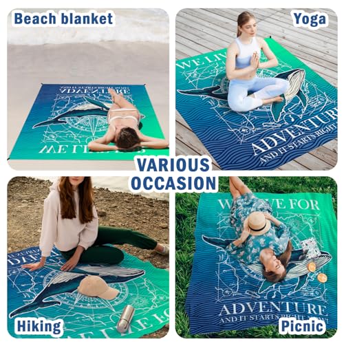 Beach Whale Pocket Picnic Blankets, Blue Ocean Coastal Mini Beach Camping Blanket Waterproof Sandproof, Rustic Sea RV Outdoor Picnic Blanket Mat Gifts for Camper Campsite Travel 55x60in - color: Whale