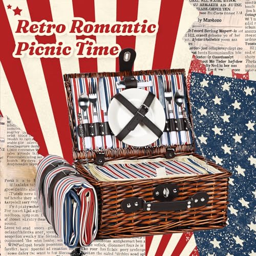 Wicker Picnic Basket for 2 with Waterproof Picnic Blanket and Insulated Bag Classic Red, White and Blue Stripes for Soccer Game, Camping, Travel, Birthday Gift, Wedding Gift - color: Retro Red White and Blue Stripes