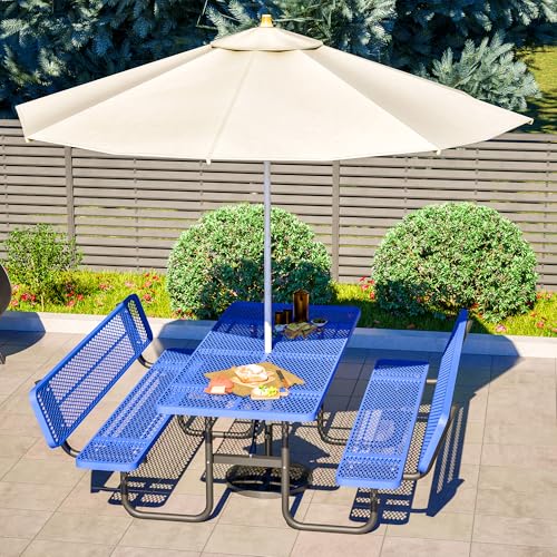 72" Rectangular Metal Picnic Tables for Outdoors with Backrest Seats Umbrella Hole - Coated Steel Heavy Duty Commercial Grade Table, Patio Rectangular Furniture Set for a Lifetime, Blue - color: Blue-backrest