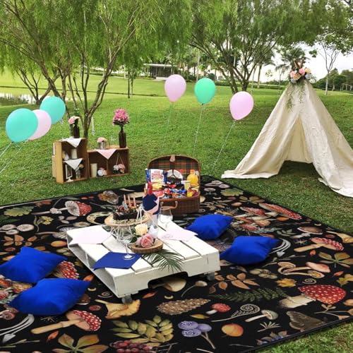 Supfitness Extra Large Picnic Blankets Waterproof Foldable (80"x 80") Mushroom Beach Blanket Waterproof Sandproof,3-Layer Thicking Mat Outdoor Packable Camping Blanket - color: Black-2, size: 6'8" x 6'8" (Square)