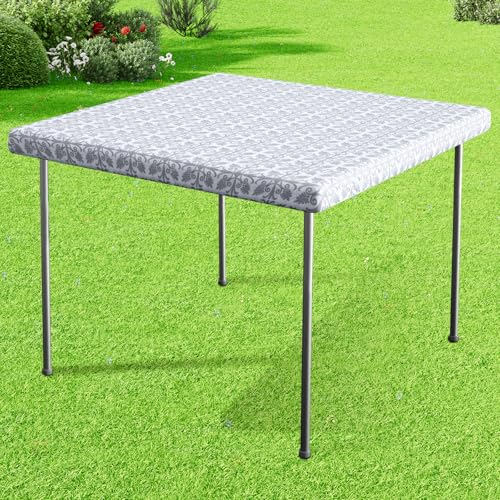 misaya Sqaure Vinyl Table Cloth, Elastic Fitted Flannel Backed Tablecloth, 100% Waterproof Plastic Table Cover Fits Folding Tables for Picnic, Camping, Outdoor (Silver Grey, 34" x 34") - color: Silver Grey, size: 34" x 34" (Square)