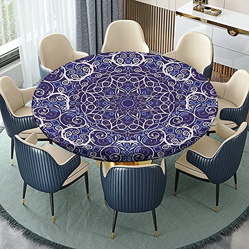 Kaleidoscope Flower Fitted Tablecloth Round - 60 Inch Table Cloth - Bohemian Style Elastic Edge Table Covers, Indoor Kitchen Dinning Room or Outdoor Picnic Party Dining Tables Decoration - color: Bohemian Style, size: 48" (Round)