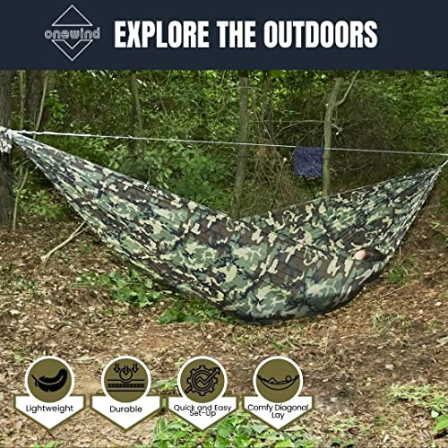 Onewind Camping Hammock, Ultralight Portable Hammock with Adjustable Ridgeline, Outdoor Hammock 20D Ripstop Nylon with 2 * 12Ft Tree Strap, Ideal for Camping, Hiking, Backpacking - color: Camo-single Layer, size: 11' * 55"