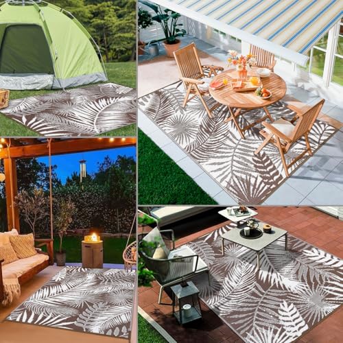 HiiARug Outdoor Rug 6x9Ft Outdoor Plastic Straw Rug Waterproof Outdoor Rugs for Patios Clearance Large Reversible Patio Mat Outdoor Area Rug for Patios Deck Beach RV Camper Backyard,Brown&White - color: Brown, size: 6' x 9' (Rectangular)