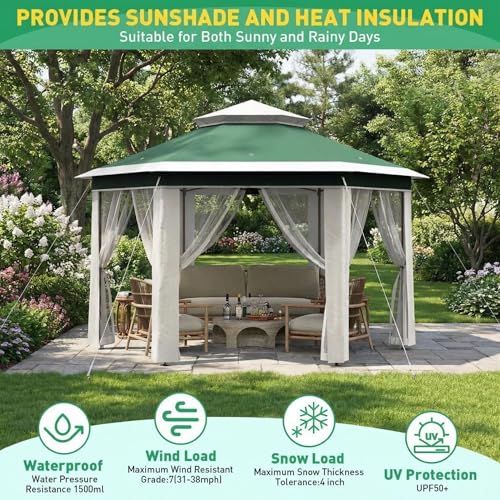 Takywep 13x13 ft Outdoor Gazebo Pop Up Canopy Tent, Heavy Duty Metal Frame, Double UV Protection, Privacy Screen Curtain, 3-Height Adjustable, Wheeled Bag & Ground Stakes for Backyard Patio Greenbeige - color: Green