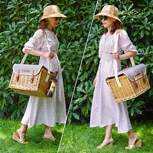 Wicker Picnic Basket for 2 with Detachable Table, Elasticated Wine Holder, Shoulder Carrying Willow Picnic Hamper Set with Premium Tableware & Blanket for Outdoor, Wedding, Anniversary, Birthday Gift - size: M for 2P-Traditional