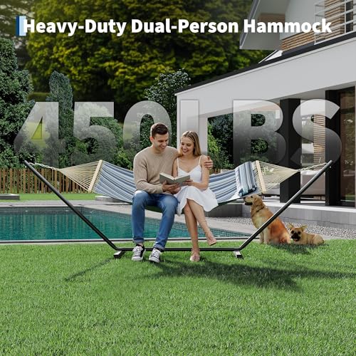 Double Hammock with Stand - Heavy Duty Portable 2 Person Design with Adjustable Steel Stand, Max 450LBS, Ideal for Outdoor Patio, Garden, Beach & Backyard - color: L-blue