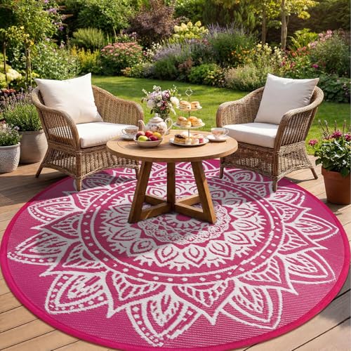Round Outdoor Rug 6ft Waterproof Reversible Boho Plastic Straw Patio Deck Camping Rugs, Indoor Outdoor Portable RV Mat Carpet for Outside, Porch, Balcony, Backyard, Beach, Pool, Pink - color: Pink, size: Round 6ft