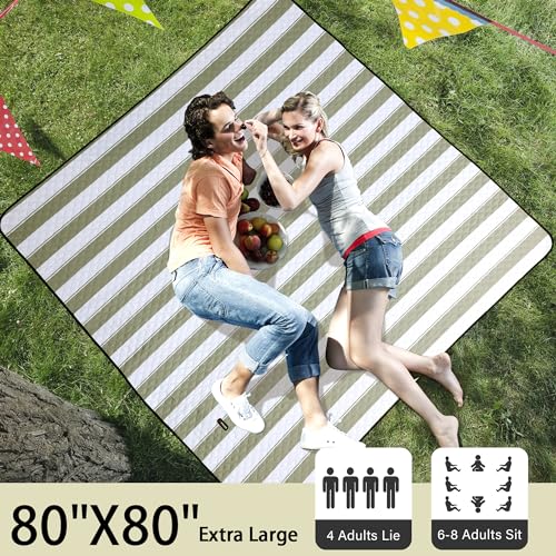HX&OD Outdoor Picnic Blanket Extra Large, 80”x80” Waterproof Picnic Mat Foldable Camping Blanket Portable with Carry Strap for Beach Mat (Green) - color: Green&white, size: 80 X 80 Inches