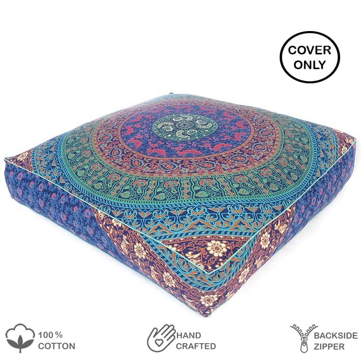 35" Large Oversized Green Blue Floor Pillow Cover Pouf Meditation Cushion Seating Mandala Square Hippie Colorful Decorative Bohemian Accent Boho Chic dog bed Indian Handmade COVER ONLY