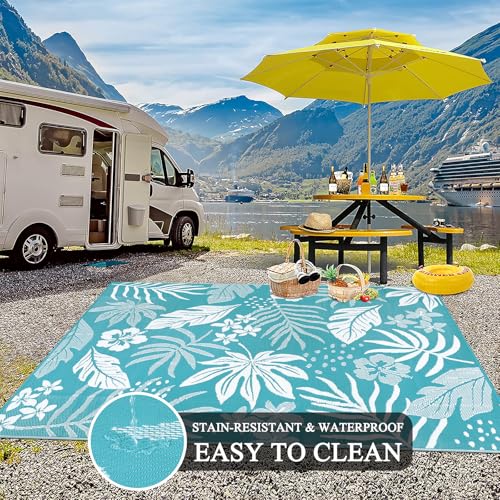 Pauwer Waterproof Outdoor Rug 8x10, Reversible Plastic Straw Patio Camping Rug, Indoor Outdoor RV Mat Carpet for Deck, Camper, Porch, Balcony, Backyard, Picnic, Floral Teal - color: Floral Teal, size: 8' x 10' (Rectangular)