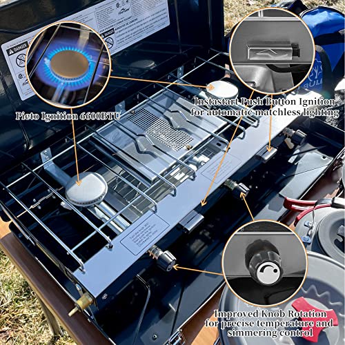 FineFlame Camping Stove, Propane Portable Camp Stove with Regulator, Push-Button Instant Ignition, Adjustable Burners & Wind Guards for Car BBQ Picnics Outdoor Camping Cooking (20400 BTUs-3 Burners) - color: Black-3 burner-20400BTU