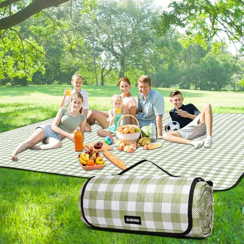 Picnic Blankets Outdoor Blanket, 80''x80'' Extra Large Beach Blanket Waterproof Sandproof Foldable & Machine Washable, Vintage Gingham Grass Lawn Park Blankets for Family Camping Party Music Festival - color: Green White, size: 6'8" X 6'8" (Square)