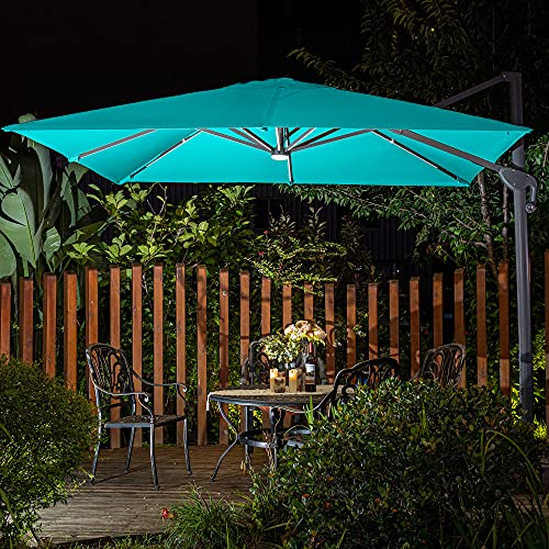Sunnyglade 10x10ft Solar Powered LED Cantilever Patio Umbrella Square Deluxe Offset Umbrella 360°Rotation & Integrated Tilting System & LED lights for Market Garden Deck Pool Backyard Patio - color: Blue, size: 10X10FT