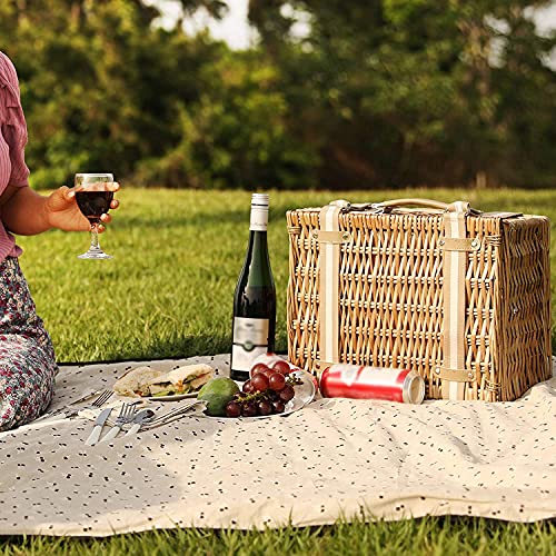 Willow Picnic Basket Set for 2 Persons with Large Insulated Cooler Bag and Waterproof Picnic Blanket, Wicker Picnic Hamper for Camping,Outdoor,Birthday - color: Beige Flower