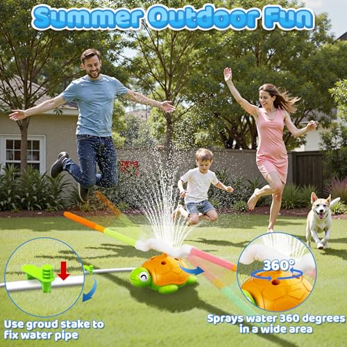 4-in-1 Turtle Water Sprinkler Toys for Kids - Summer Oudoor Toy with Baseball Ringtoss Tubes - Outside Yard Lawn Backyard Park Garden Pool Games for Age 3 4 5 6 7 8 Year Old Toddlers Boys Girls Gifts