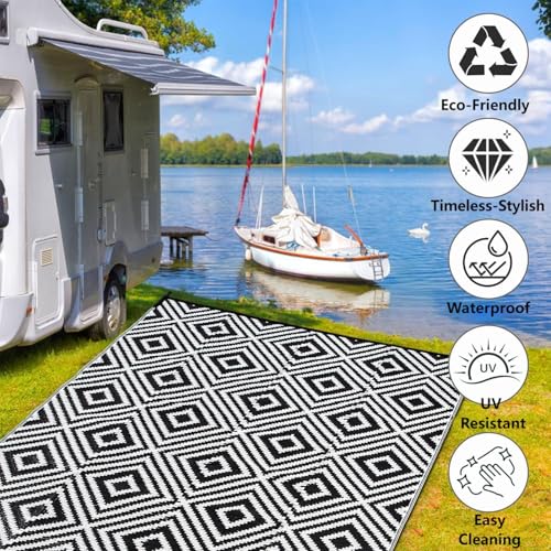 HERMOCE Waterproof Outdoor Rug 5x8 ft, Plastic Straw Patio Rugs Reversible, Patio Decor for Deck, Backyard, RV, Camping - Easy Clean Fade Resistant, Black & White - color: Black&white-h