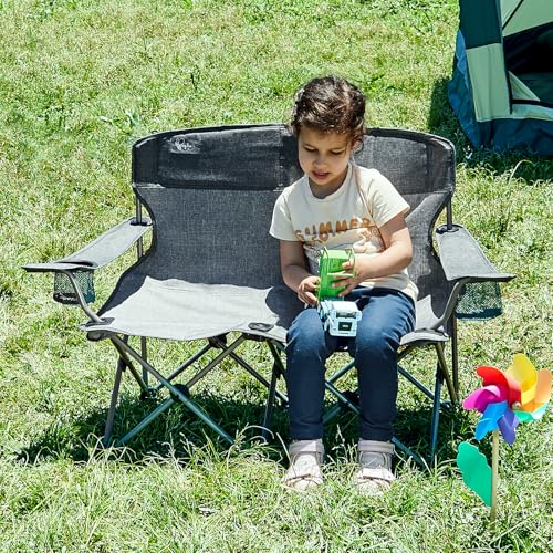 Busy Bee Oversized Kids Camping Chair with Cup Holder, High Back Toddler Chair Kids Folding Chair, Perfect for Beach & Outdoor, Supports 150 Lbs. - color: Grey, style: Double Chair